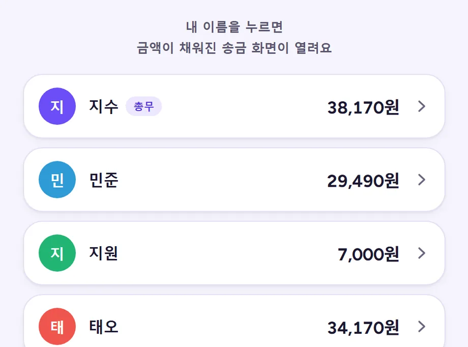 정산 결과 링크 — 사람마다 낼 금액이 줄줄이 적혀 있고 이름을 누르면 송금 화면이 열린다